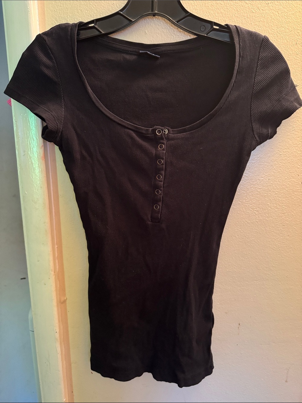 Basic Editions Black Ribbed Henley Scoop Neck Short Sleeve Top